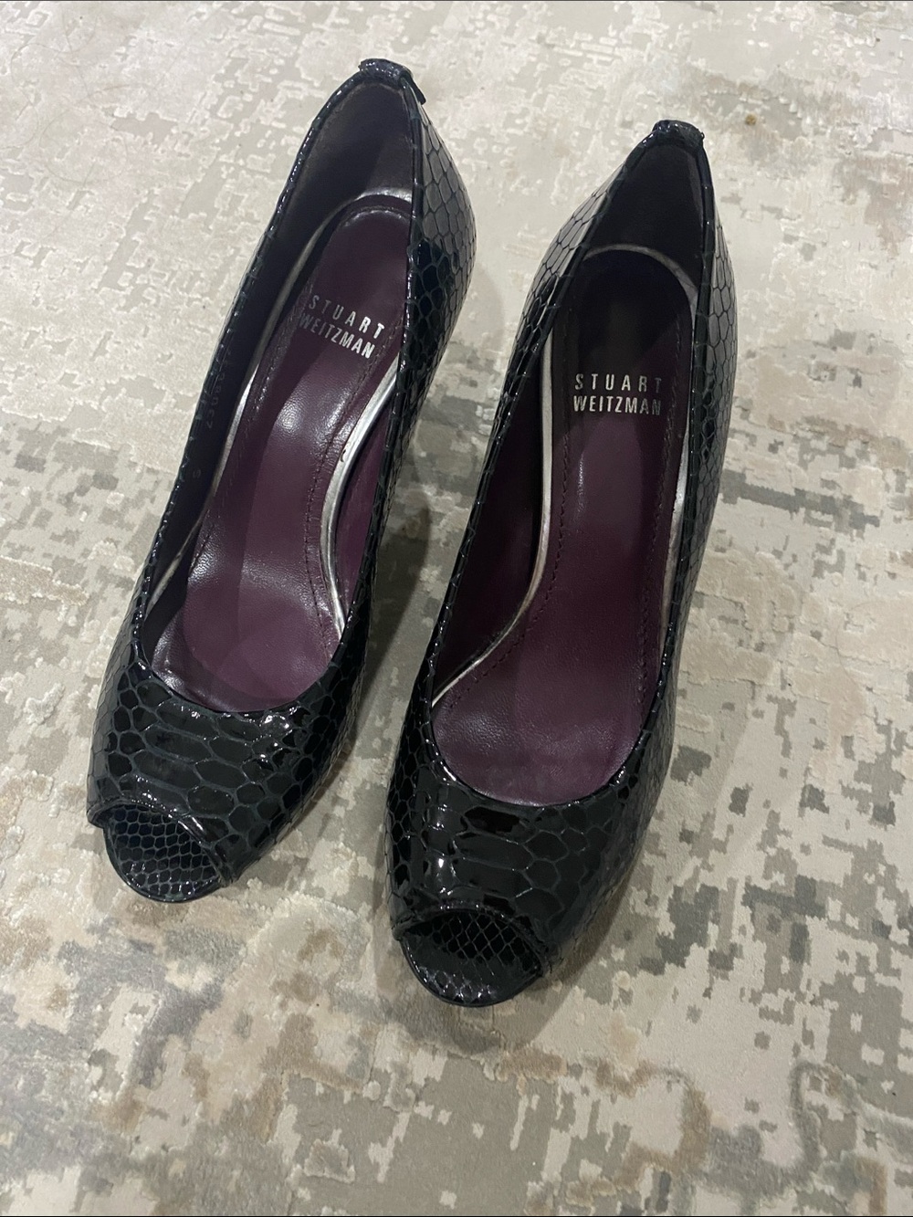 Stuart Weitzman Black Patent Snakeskin Peep-Toe Heels